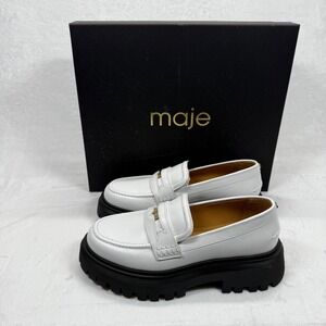 Maje‎ Loafers White Leather Platform Lug Sole Medallion Detail Size 39